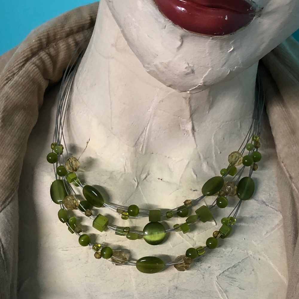 3/$32 Y2K Layered Olive Green Acrylic Beaded Silvertone Memory Wire Bib Necklace